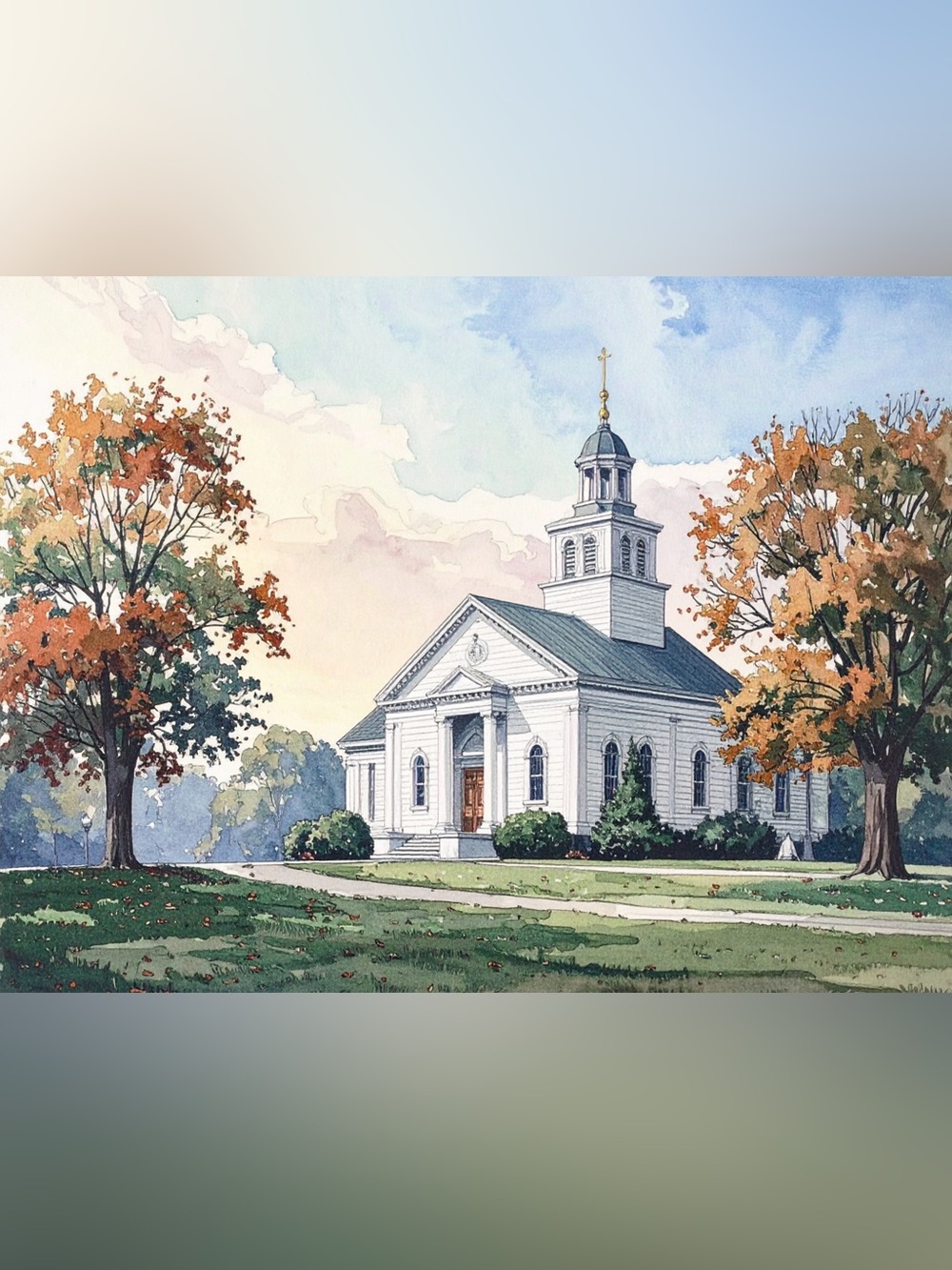 8x10 White Church Art Print in Blue Sky and Autumn Greens